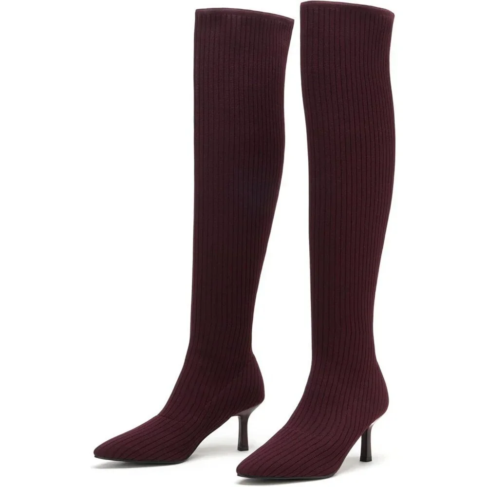 Women's Claret Thigh High Socks Pointed Toe Over-the- Knee High Heel Boots